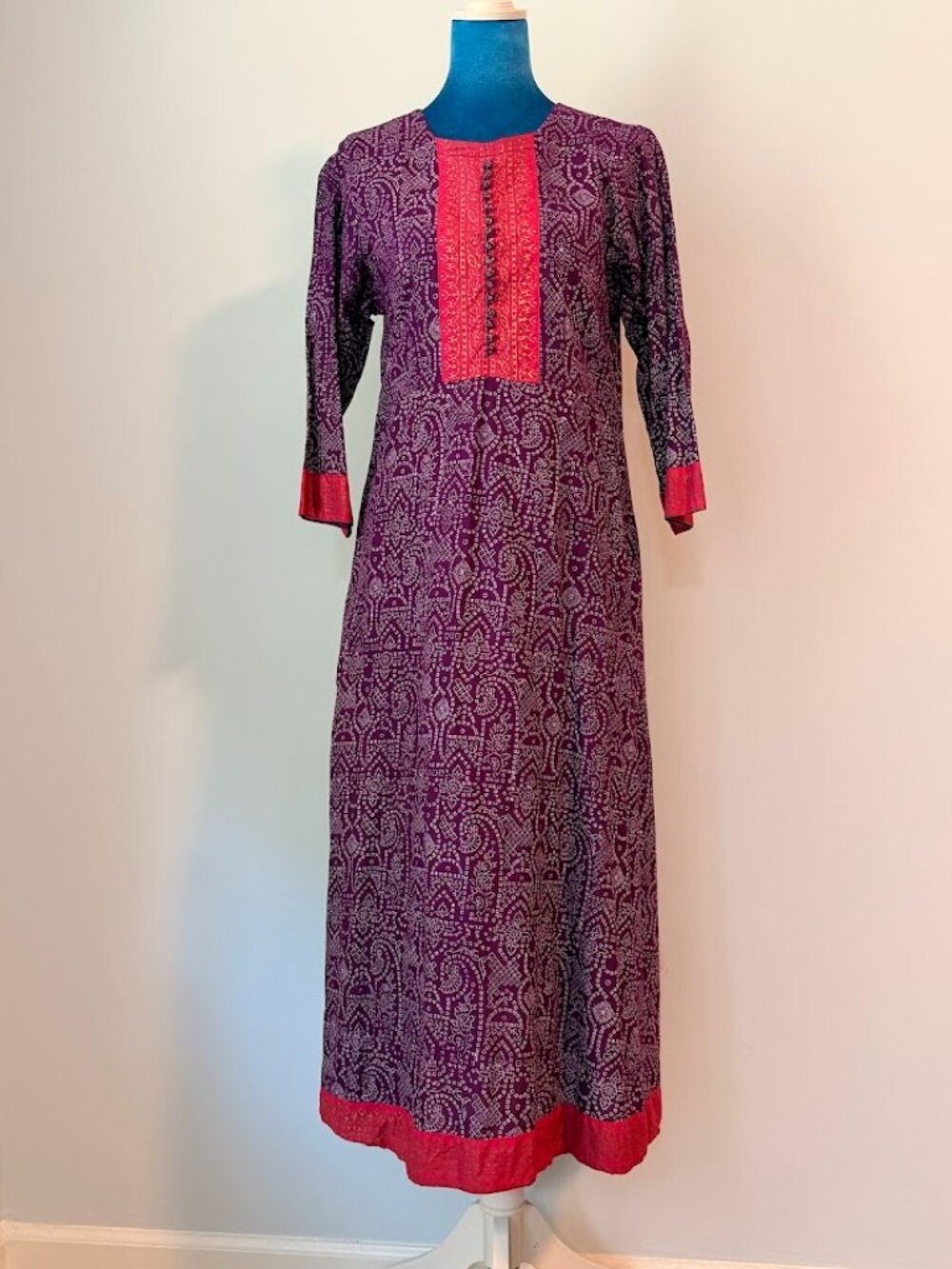 Purple Cotton Maxi Dress White Print Pink Gold Panel